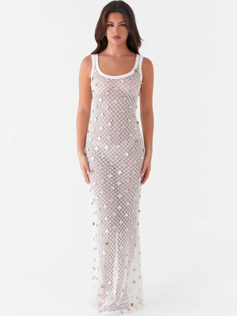 Peppermayo White Sequined Crochet Maxi Dress